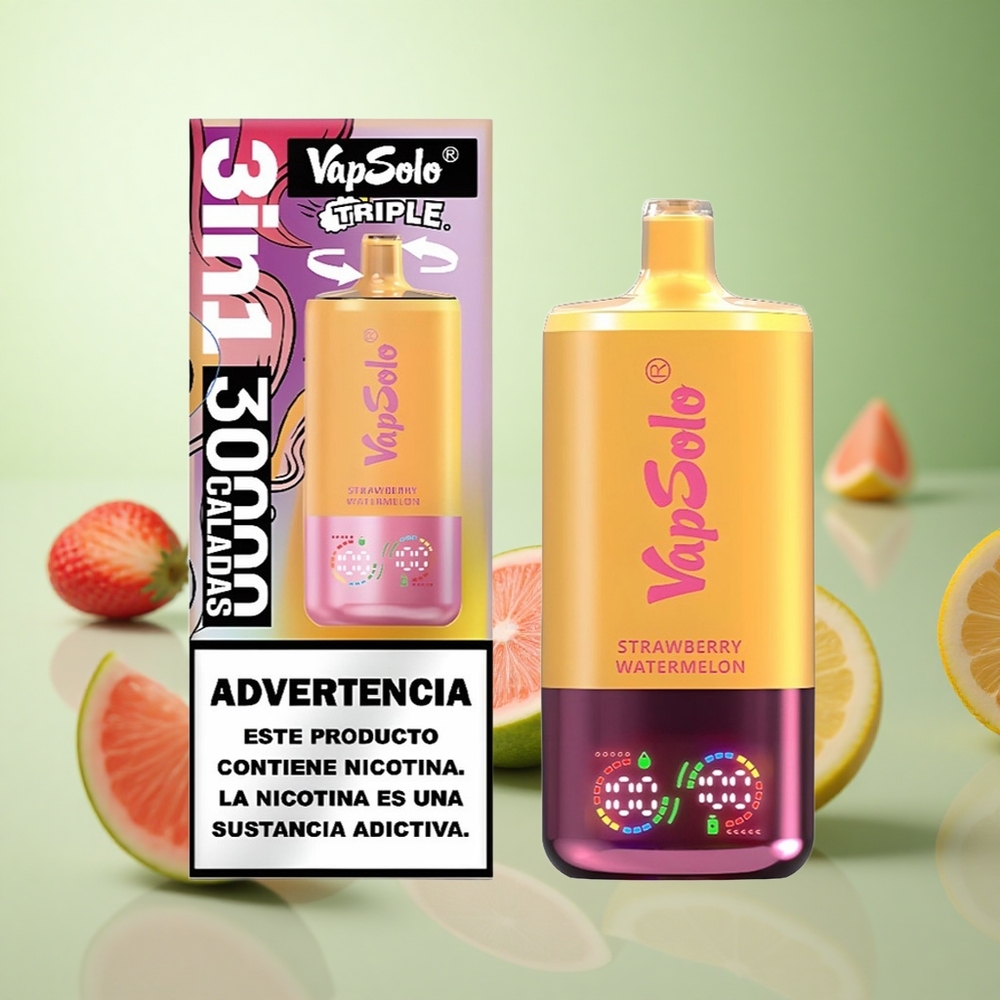 VapSolo Triple 30000 Puffs Φράουλα Καρπούζι & Λεμόνι Ροδάκινο Greece vape wholesale 40ml 3 δεξαμενές