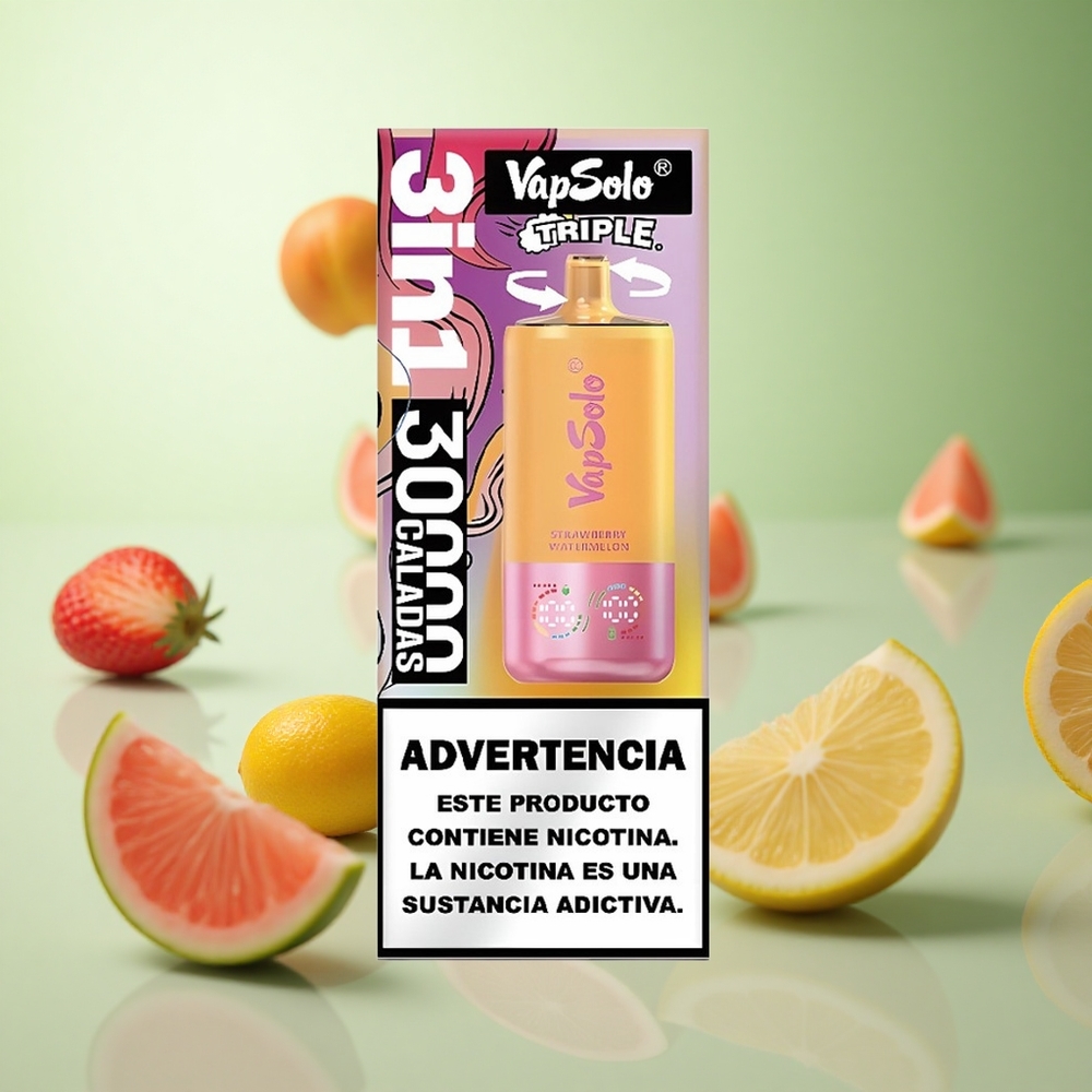 VapSolo Triple 30000 Puffs Φράουλα Καρπούζι & Λεμόνι Ροδάκινο Greece vape wholesale 40ml 3 δεξαμενές